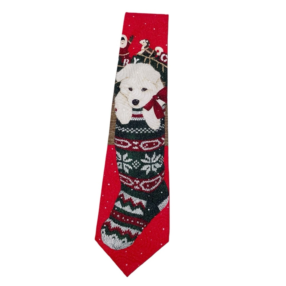 Vintage St. Nicks Tie Shop White Christmas Dog Stocking Red 100% Silk Men's Tie